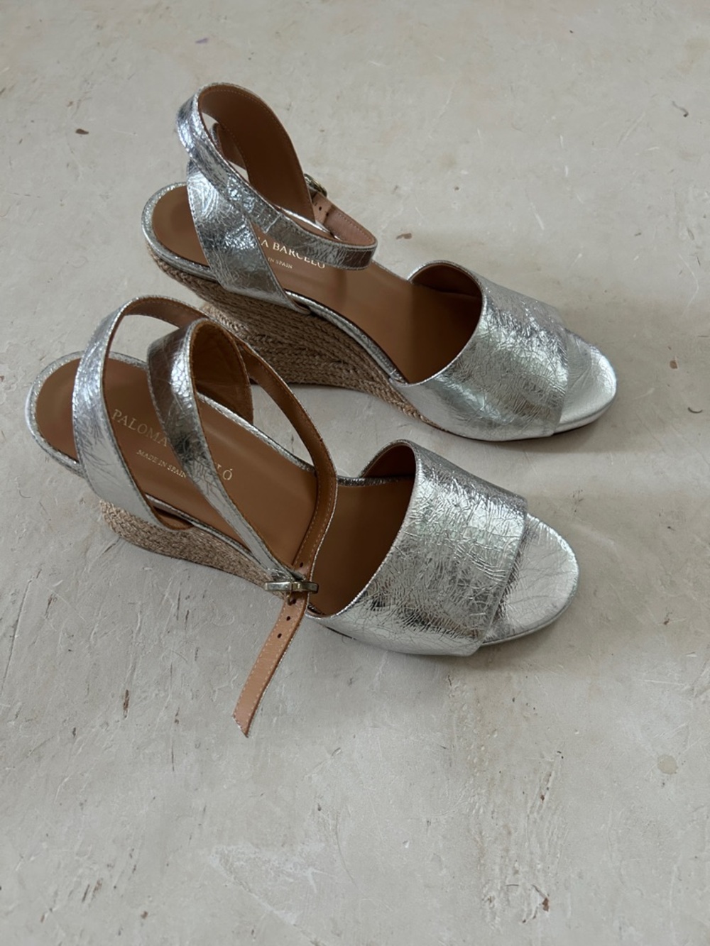 Paloma Barceló Metallic Silver Espadrille Wedge Sandals